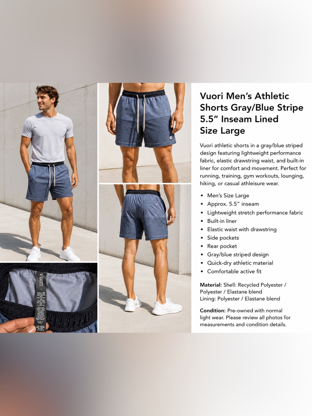 Vuori Men’s Athletic Shorts Gray Blue Stripe 5.5” Inseam Lined Size Large